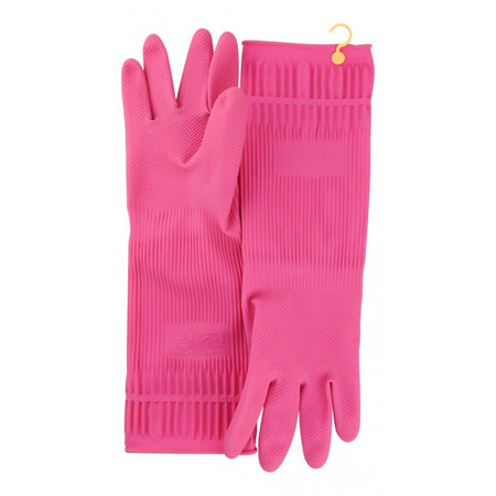 MyungJin "Rubber Glove Hook - Type L" Перчатки латексные хозяйственные c крючком, розовые, размер L, 38 х 22 см. (фото, вид 1)