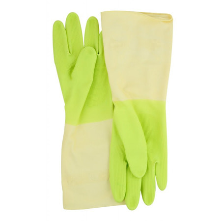 MyungJin "Rubber Glove TwoTone S" Перчатки латексные хозяйственные, двухцветные, зеленый/белый, размер S, 33 х 19 см. (фото, вид 1)