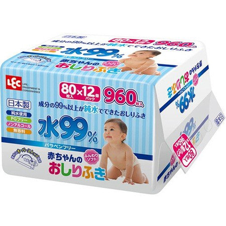 LEC Влажные салфетки для новорожденных, 99,9% воды, мягкая упаковка, 18х15 см, 12 упаковок по 80 шт.