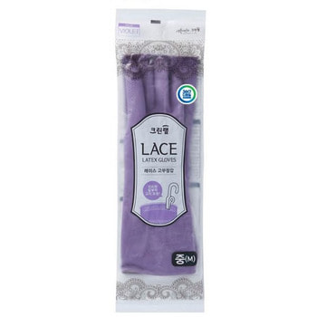 Clean Wrap "Lace latex gloves" Перчатки из натурального латекса, с внутренним покрытием, укороченные, с крючками для сушки, фиолетовые, размер M, 1 пара.