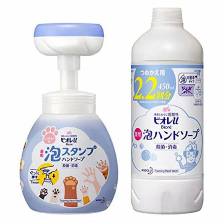 KAO "Biore U Foaming Stamp Hand Soap" Антибактериальное мыло-пенка для рук для всей семьи, с ароматом свежести, помпа 250 мл + запасной блок 450 мл. (фото)