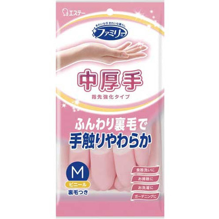 ST "Family Vinyl Glove Medium" Перчатки виниловые для бытовых и хозяйственных нужд, с антибактериальной обработкой поверхности и уплотнением кончиков пальцев, средней толщины, размер M, розовые, 1 пара. (фото)