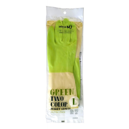 MyungJin "Rubber Glove TwoTone L" Перчатки латексные хозяйственные двухцветные, зеленый/белый, размер L, 33 х 21,5 см.