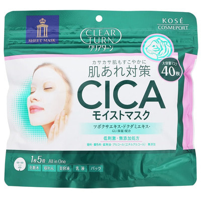 Kose Cosmeport "Clear Turn CICA Moist Mask" Увлажняющая и тонизирующая тканевая маска для ухода за подверженной раздражению кожей лица, с экстрактом центеллы азиатской, 40 шт.