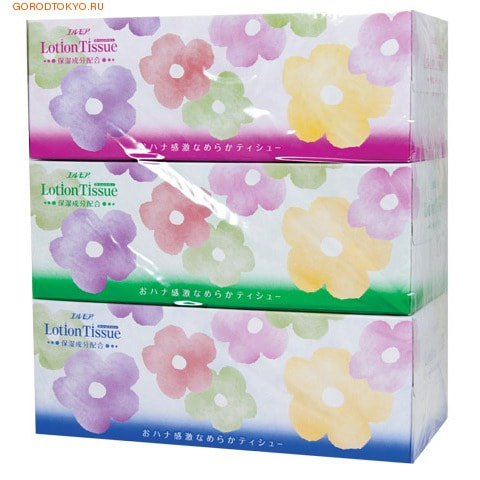 Kami Shodji "Ellemoi - Lotion Tissue" Бумажные двухслойные гигиенические салфетки c экстрактом малины, 3 пачки по 200 шт.