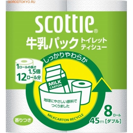 Nippon Paper Crecia Co., Ltd. Туалетная бумага из переработанной целлюлозы, с легким ароматом "Scottie", двухслойная, 8х45 м.