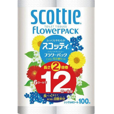 Nippon Paper Crecia Co., Ltd. "Scottie FlowerPack" Туалетная бумага особоплотной намотки, однослойная, 6 рулонов, 100 м.