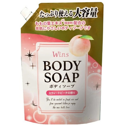 Nihon "Wins Body Soap peach" Крем-мыло для тела с экстрактом листьев персика и богатым ароматом, сменная упаковка, 900 г.