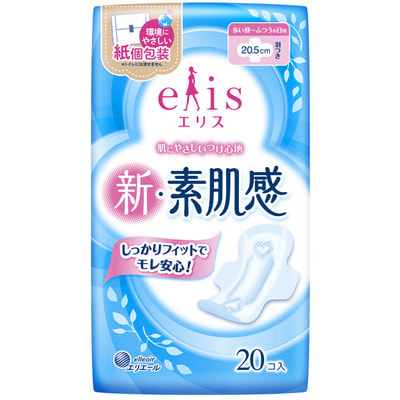 Daio Paper Japan "Elis New skin Feeling" Классические гигиенические прокладки с мягкой поверхностью, с крылышками, нормал, длина 20,5 см, 22 шт.
