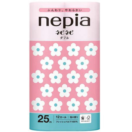 Nepia Туалетная бумага мягкая, двухслойная, с ароматом цветущей сакуры, 12 рулонов по 25 метров.
