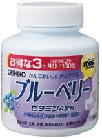Orihiro Витамин А с черникой, 180 жевательных таблеток.